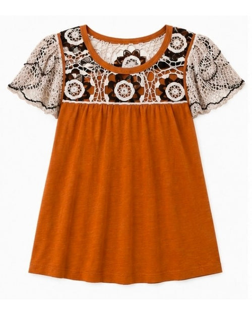 Orange Anthropologie Crochet Yoke Flutter Sleeve Top, size S – photo 2