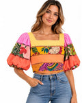 Multicolor Farm Rio Printed Puff Sleeve Crop Top – on model