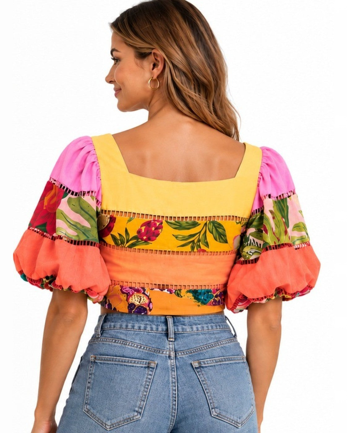 Multicolor Farm Rio Printed Puff Sleeve Crop Top – on model