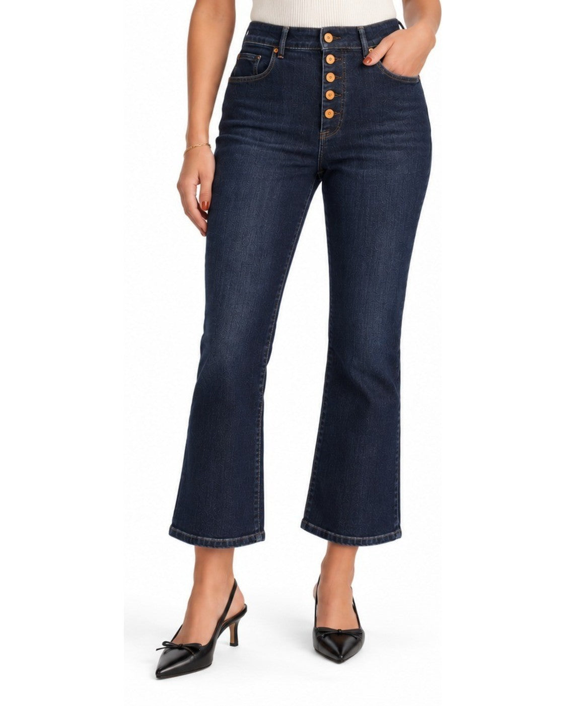 Blue Loft High Waist Button Front Crop Jeans, size 30 – on model