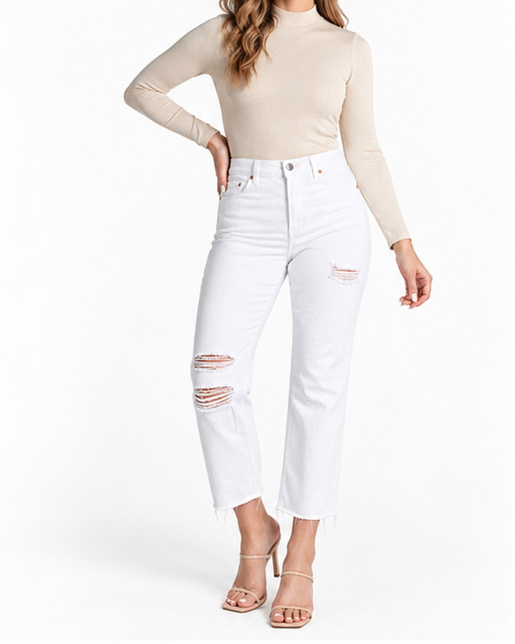 Express High Waisted White Ripped Straight Raw Hem Ankle Jeans