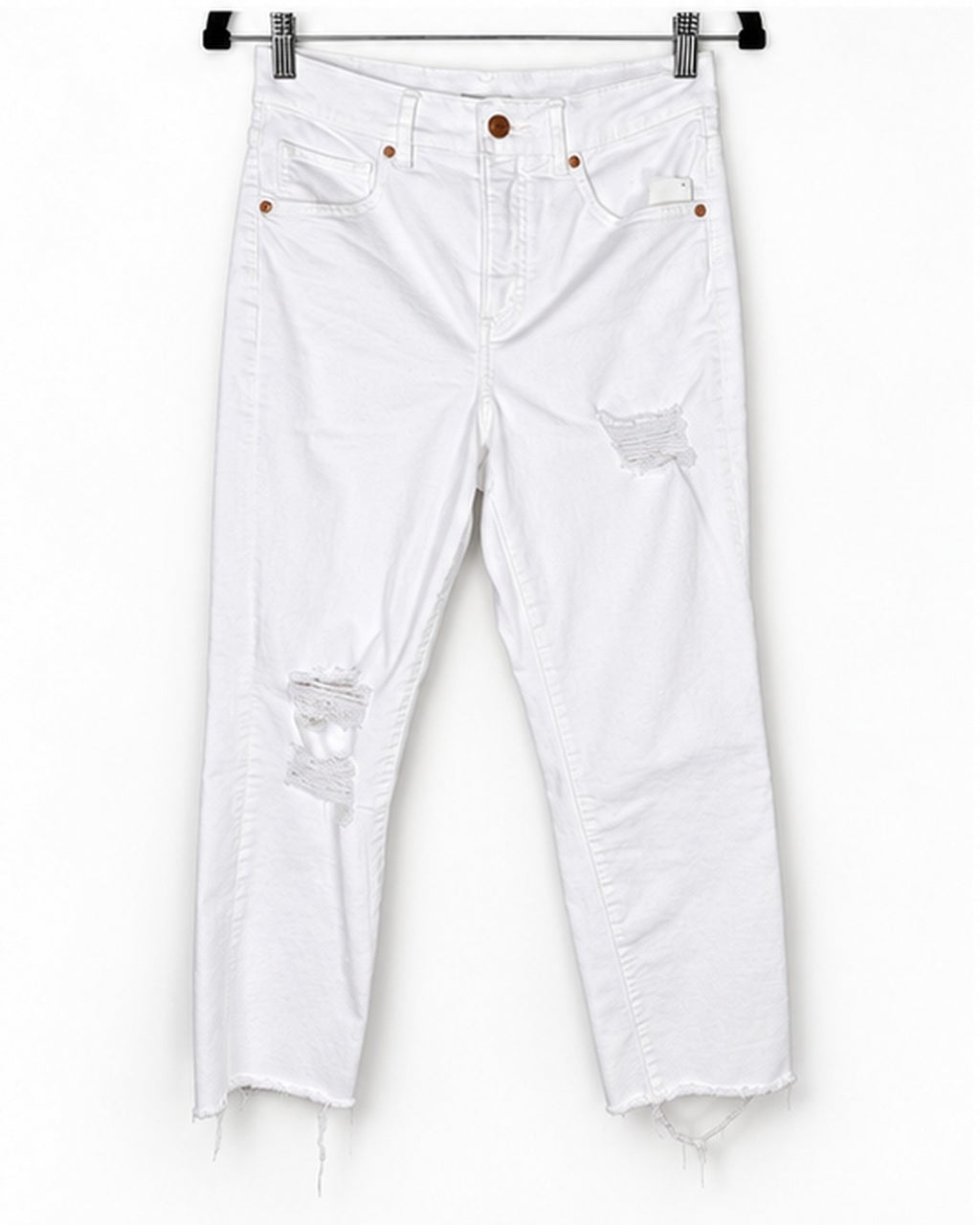 Express High Waisted White Ripped Straight Raw Hem Ankle Jeans