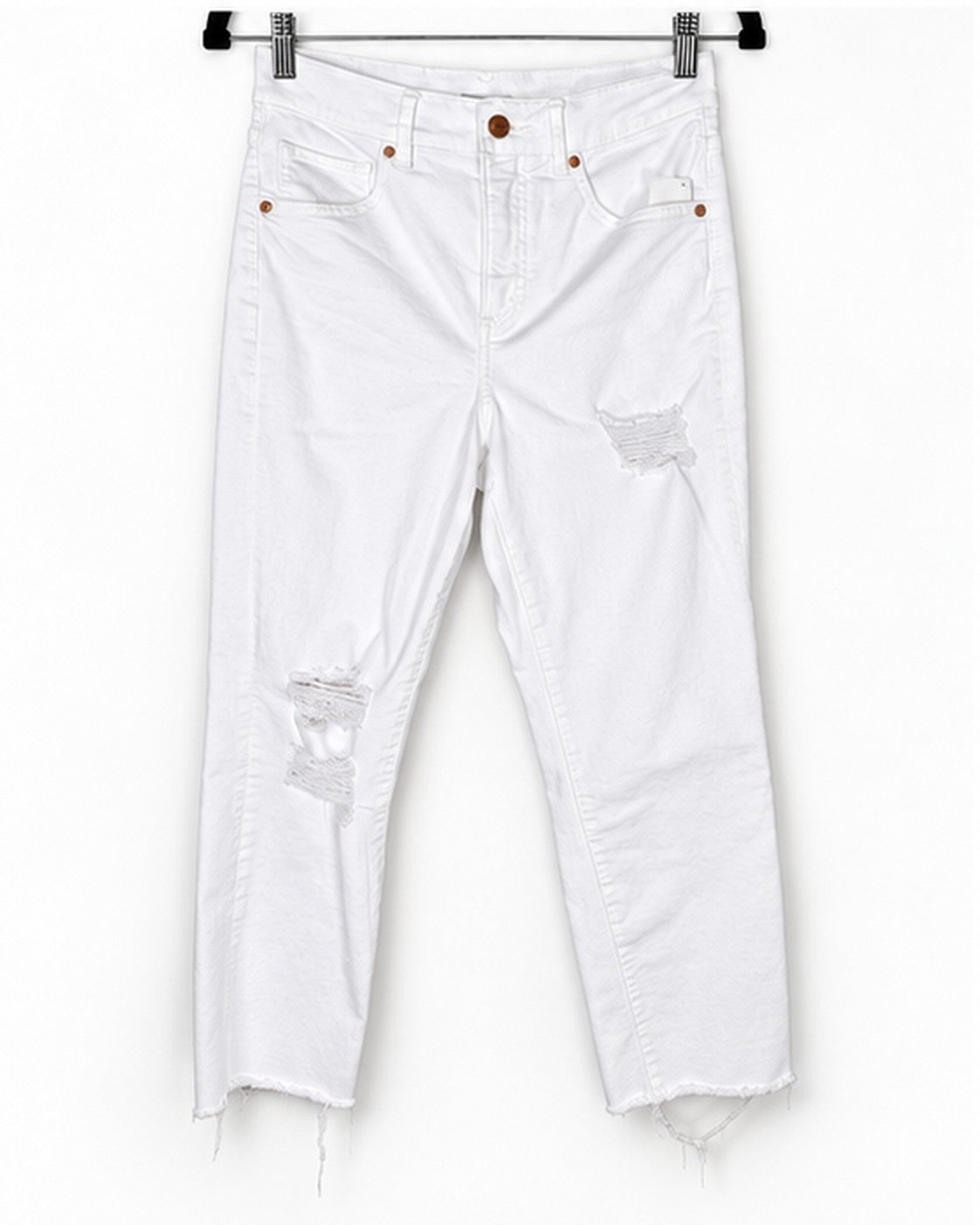 Express High Waisted White Ripped Straight Raw Hem Ankle Jeans