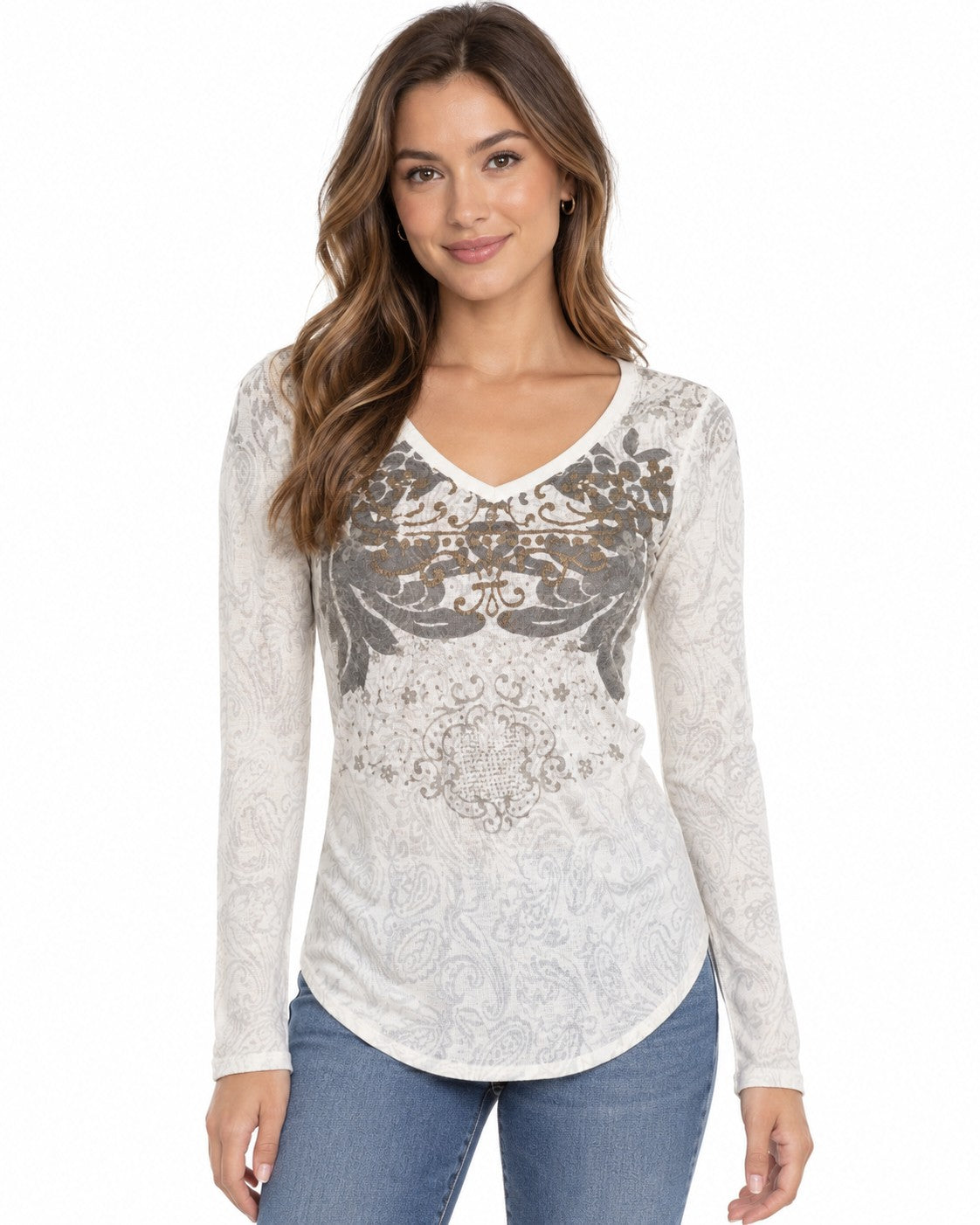 Cabi Paisley Burnout Thermal V-Neck Top