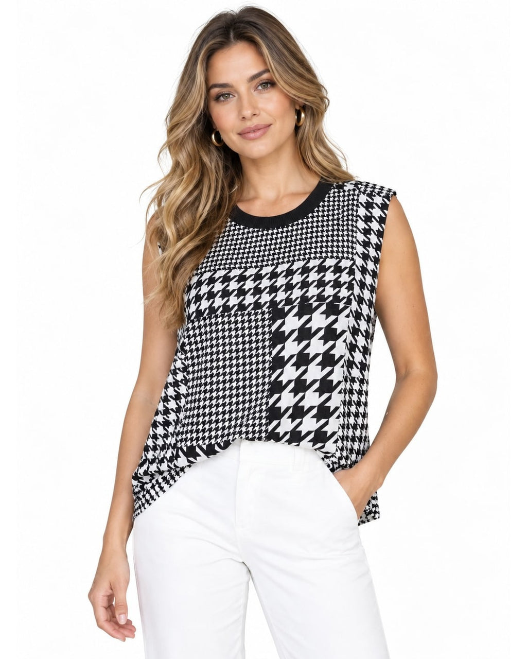 cabi Mixed Houndstooth Top