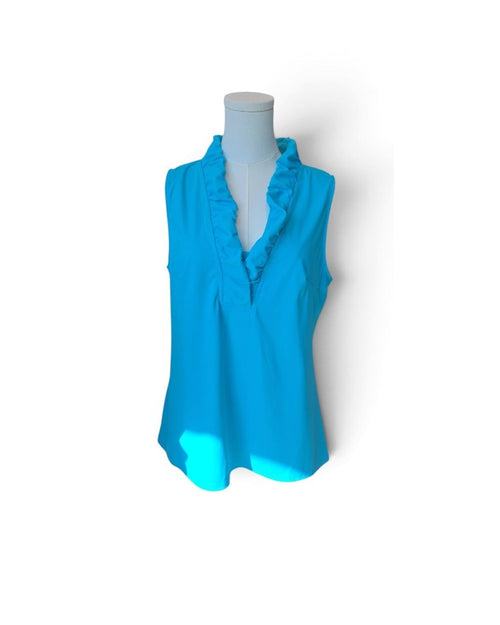 Blue Aryeh Sleeveless Ruffle-Neck Blouse, size L