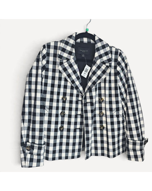 Navy ANN TAYLOR Gingham Double-Breasted Blazer, size XSP
