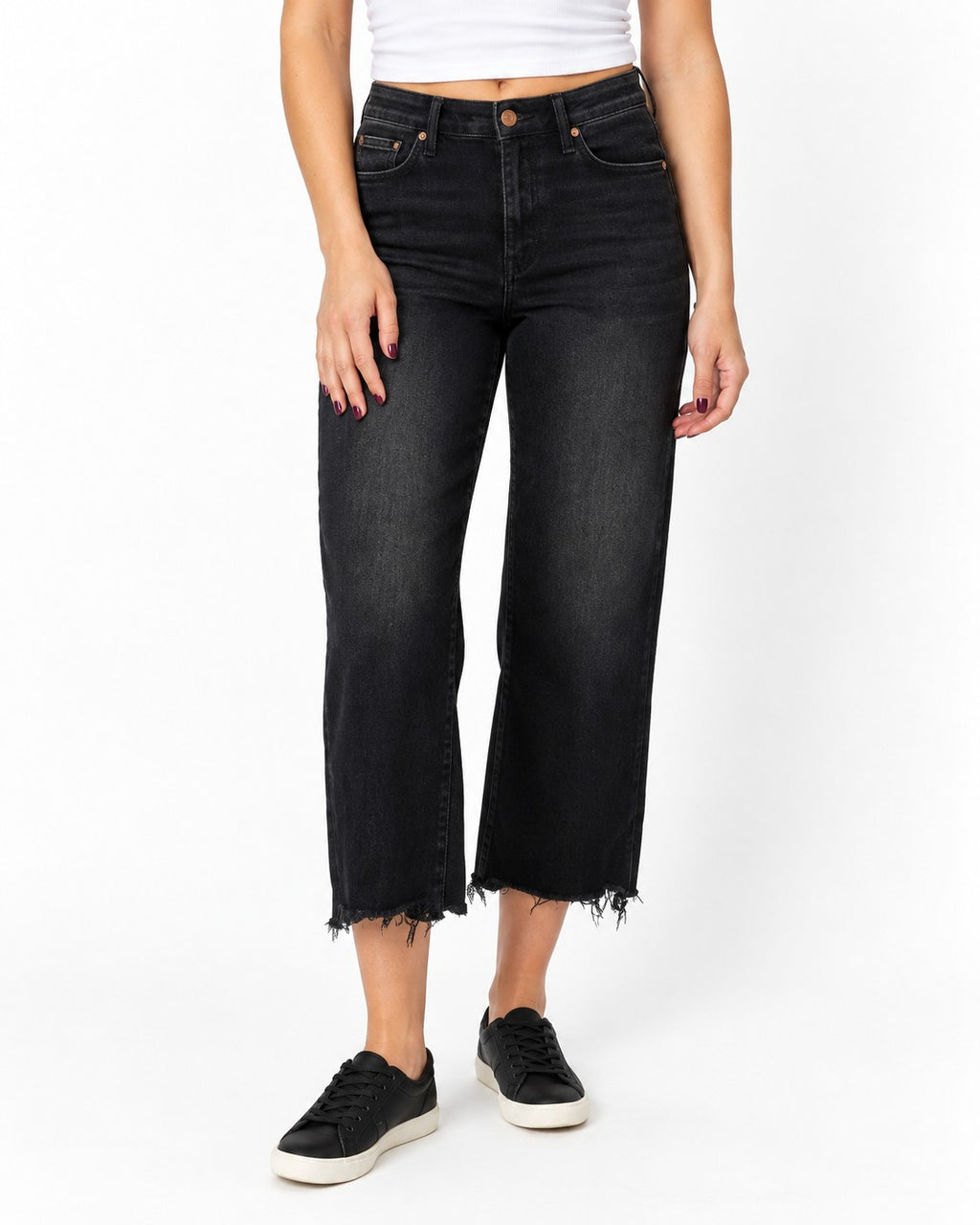 Judy Blue Black High-Waist Tummy Control Raw Hem Crop Wide Leg Jeans