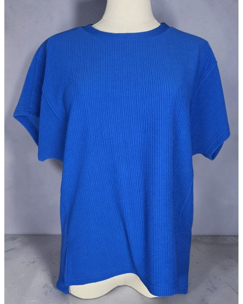 Blue Allie Rose Ribbed Side-Slit Short Sleeve Knit Top, size M