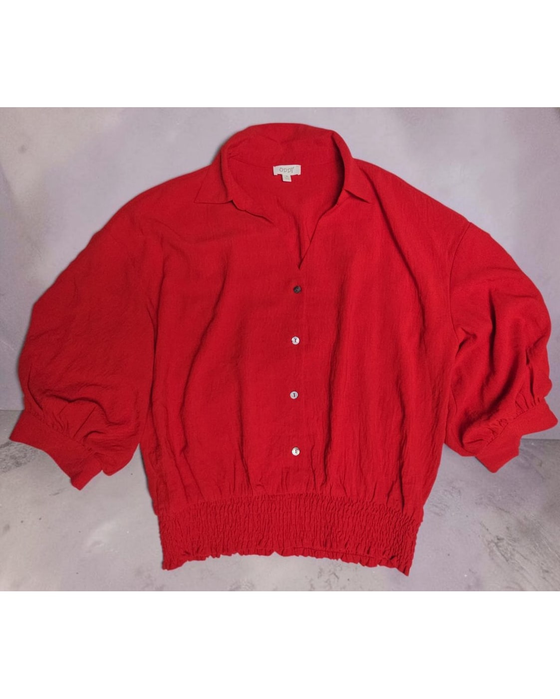 ODDi Smocked-Hem Balloon Sleeve Button Down