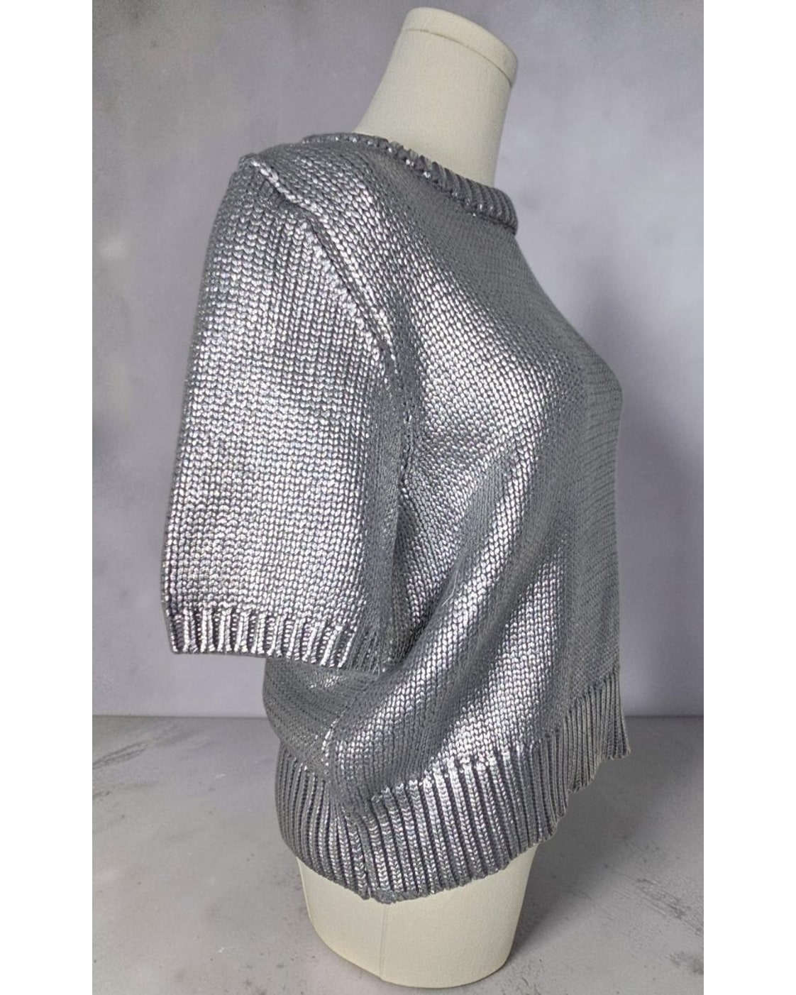 Silver Future Collective Metallic Cropped Short Sleeve Sweater, size S
