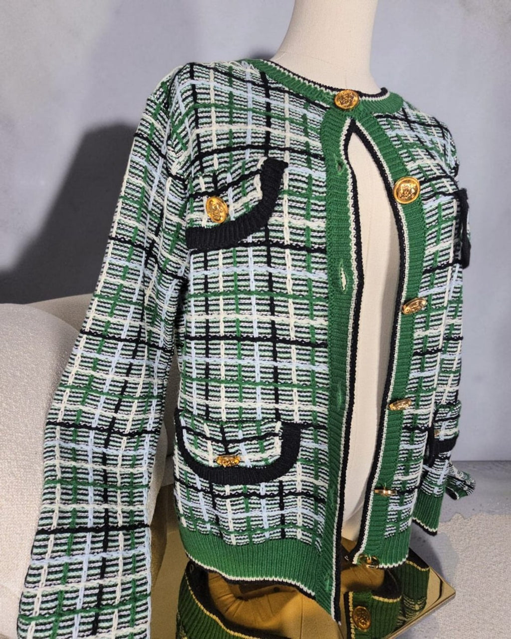 VICI Plaid Gold-Button Cardigan
