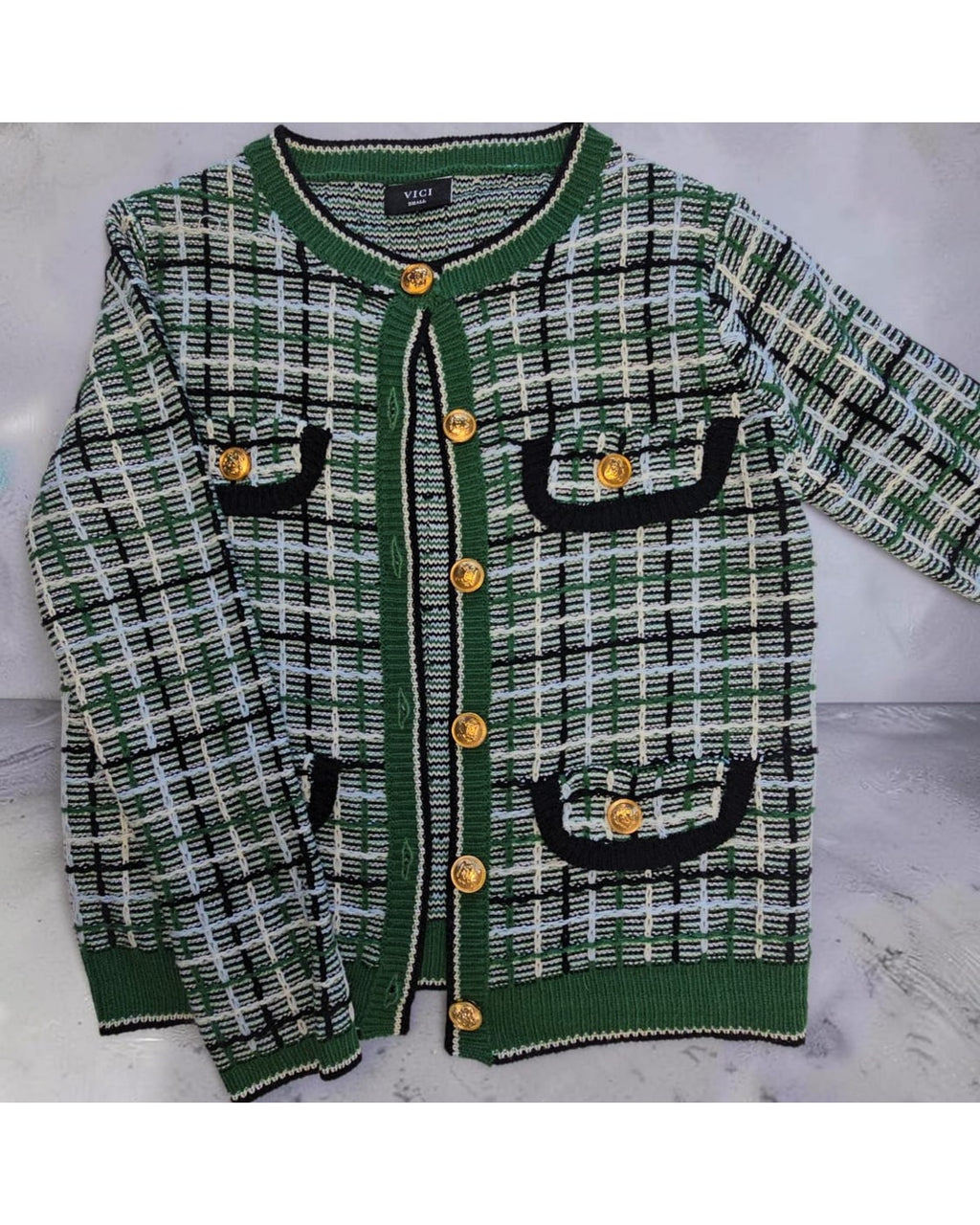 VICI Plaid Gold-Button Cardigan
