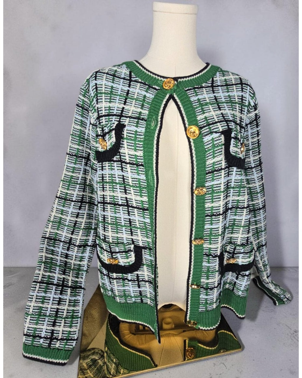 VICI Plaid Gold-Button Cardigan