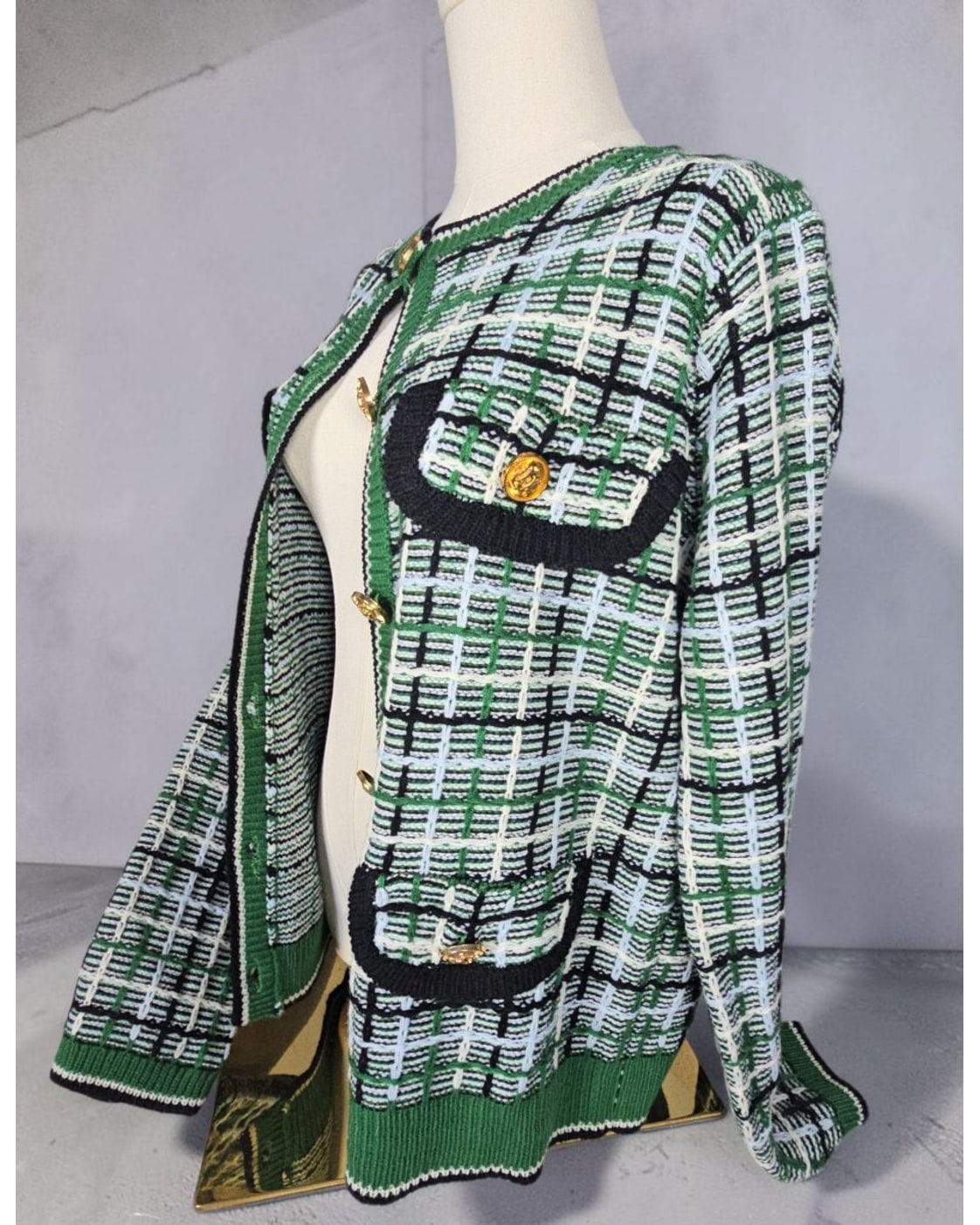 VICI Plaid Gold-Button Cardigan