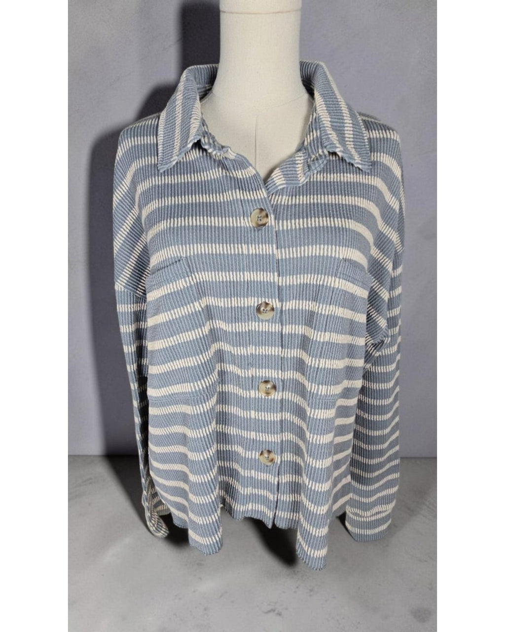 BKE Striped Ribbed Long Sleeve Button Down