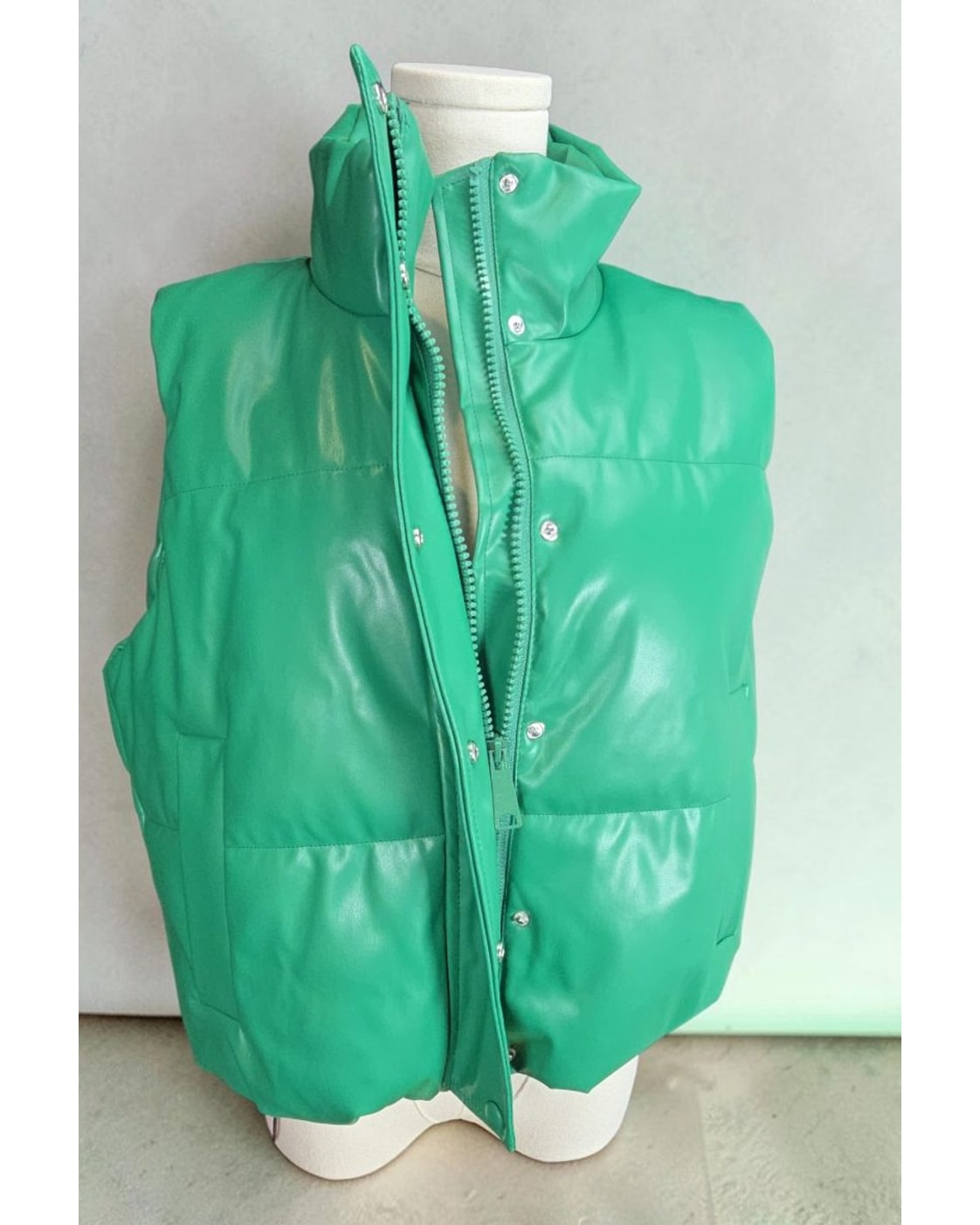 Faux Leather Funnel-Neck Puffer Vest