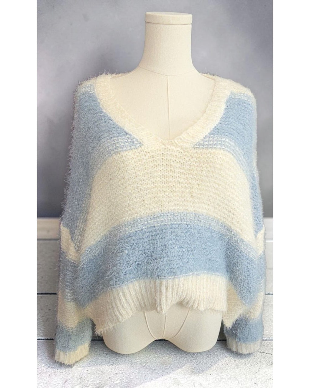altar'd state Striped Fuzzy Cropped V-Neck Sweater