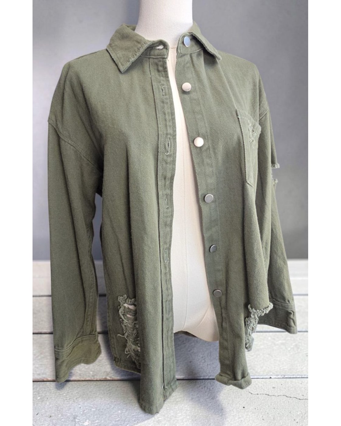 Green AMERICAN BAZI Distressed Denim Shirt Jacket, size S