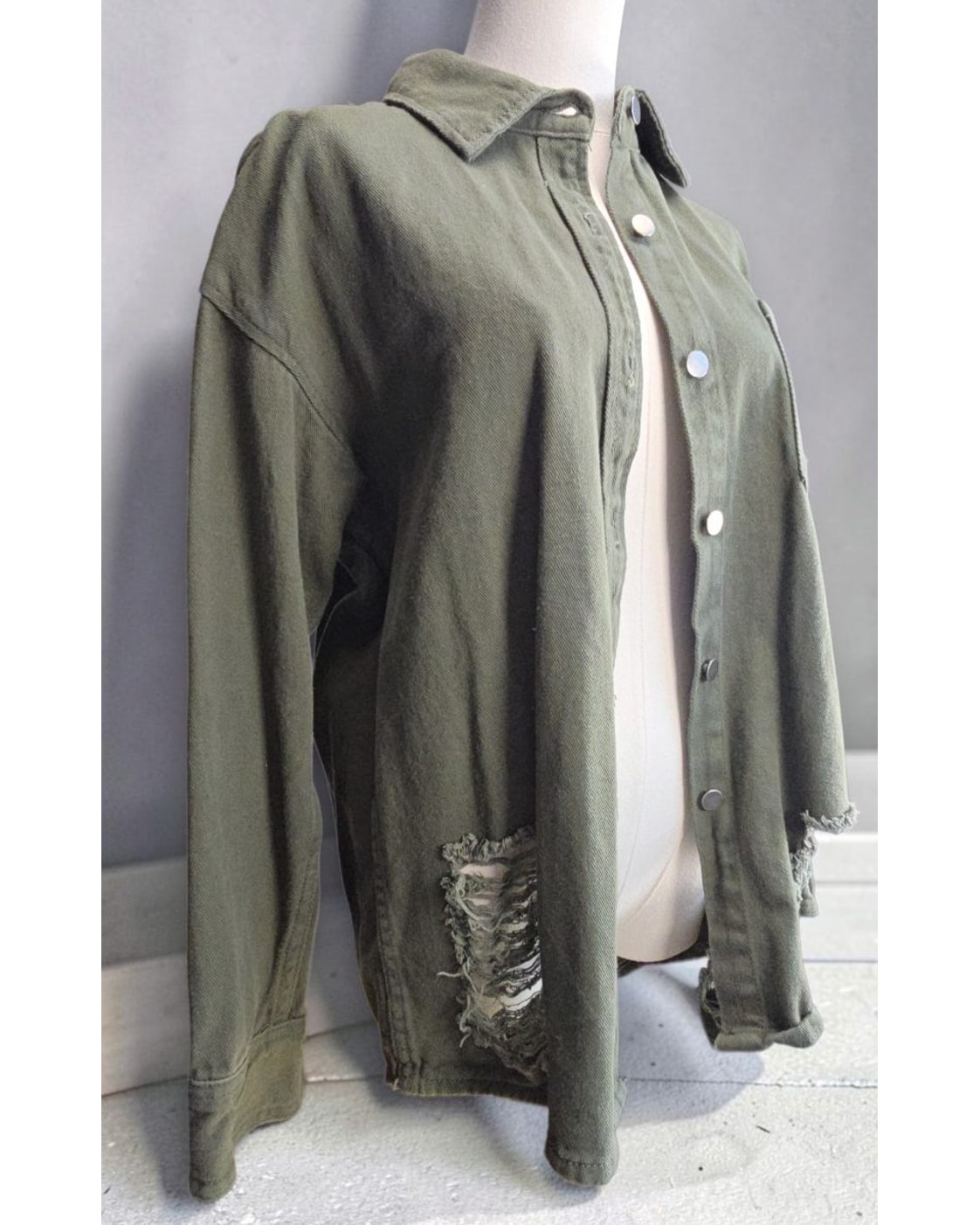 Green AMERICAN BAZI Distressed Denim Shirt Jacket, size S – photo 2