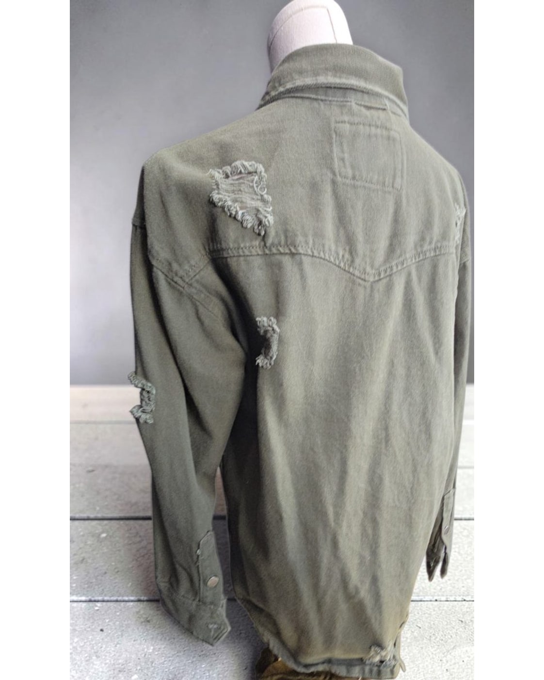 Green AMERICAN BAZI Distressed Denim Shirt Jacket, size S – photo 3