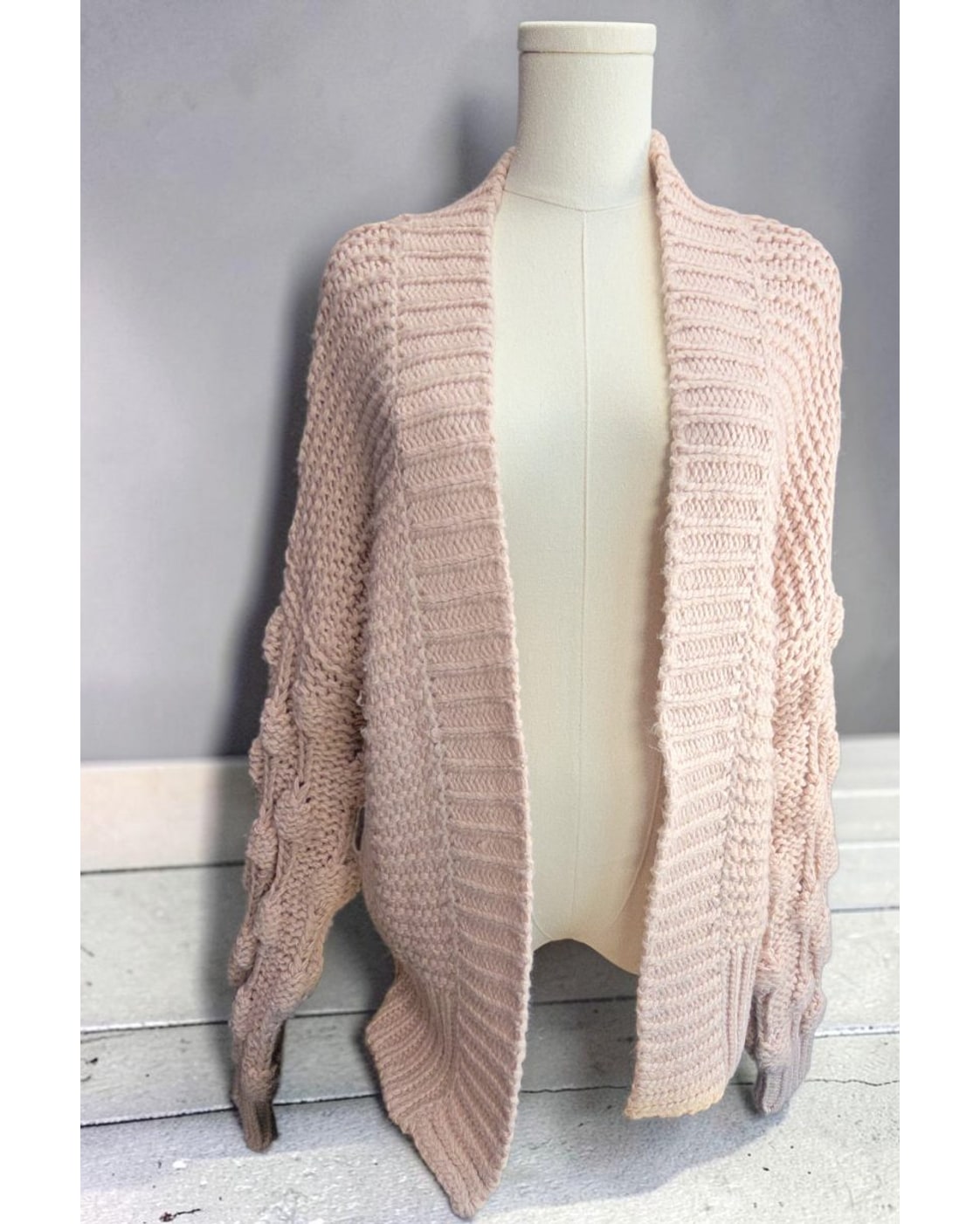 Pink Elan Chunky Cable-Sleeve Open-Front Cardigan, size S