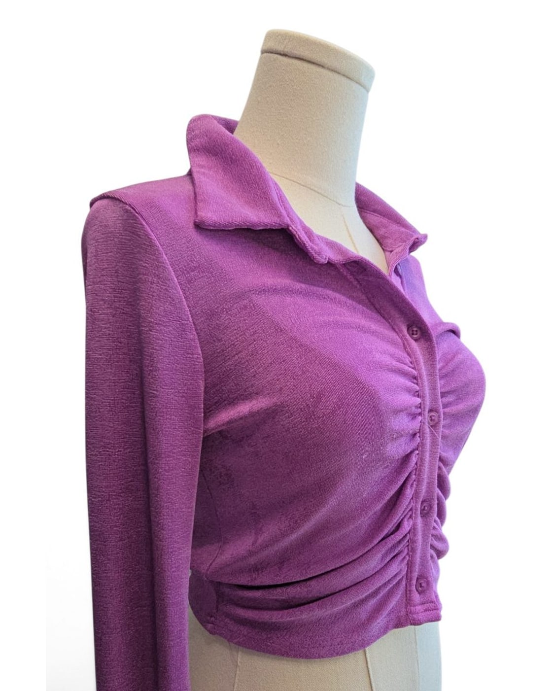 blue blush Ruched Cropped Collared Button-Front Top