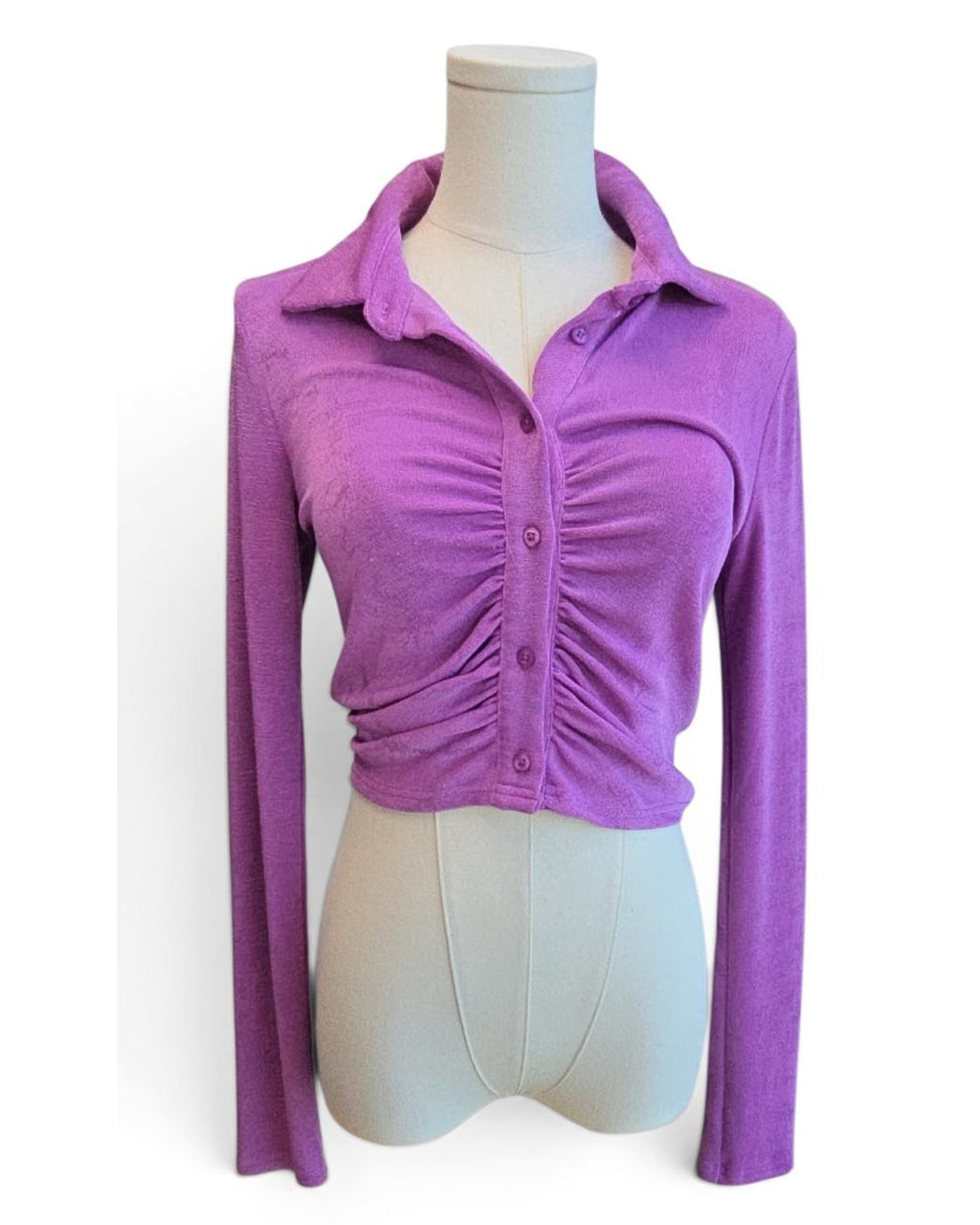 blue blush Ruched Cropped Collared Button-Front Top