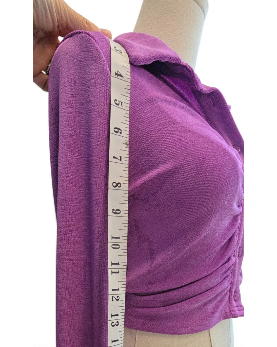 blue blush Ruched Cropped Collared Button-Front Top