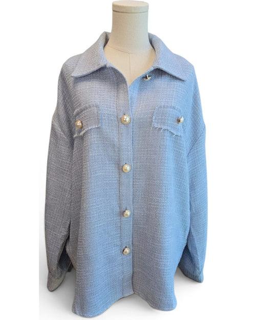 Blue ANDRÉE BY UNIT Tweed Pearl-Button Shirt Jacket, size L