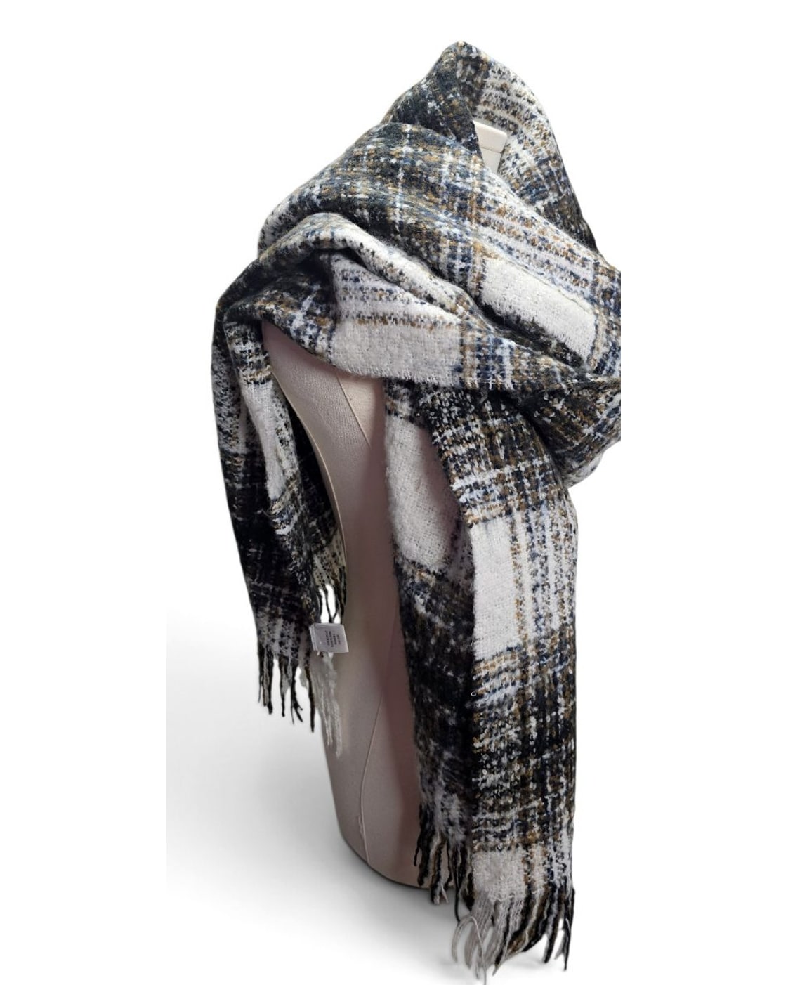 Beige THE CURATED PEARL Plaid Fringe Blanket Scarf