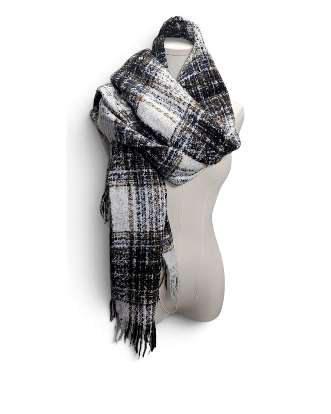 Beige THE CURATED PEARL Plaid Fringe Blanket Scarf – photo 3