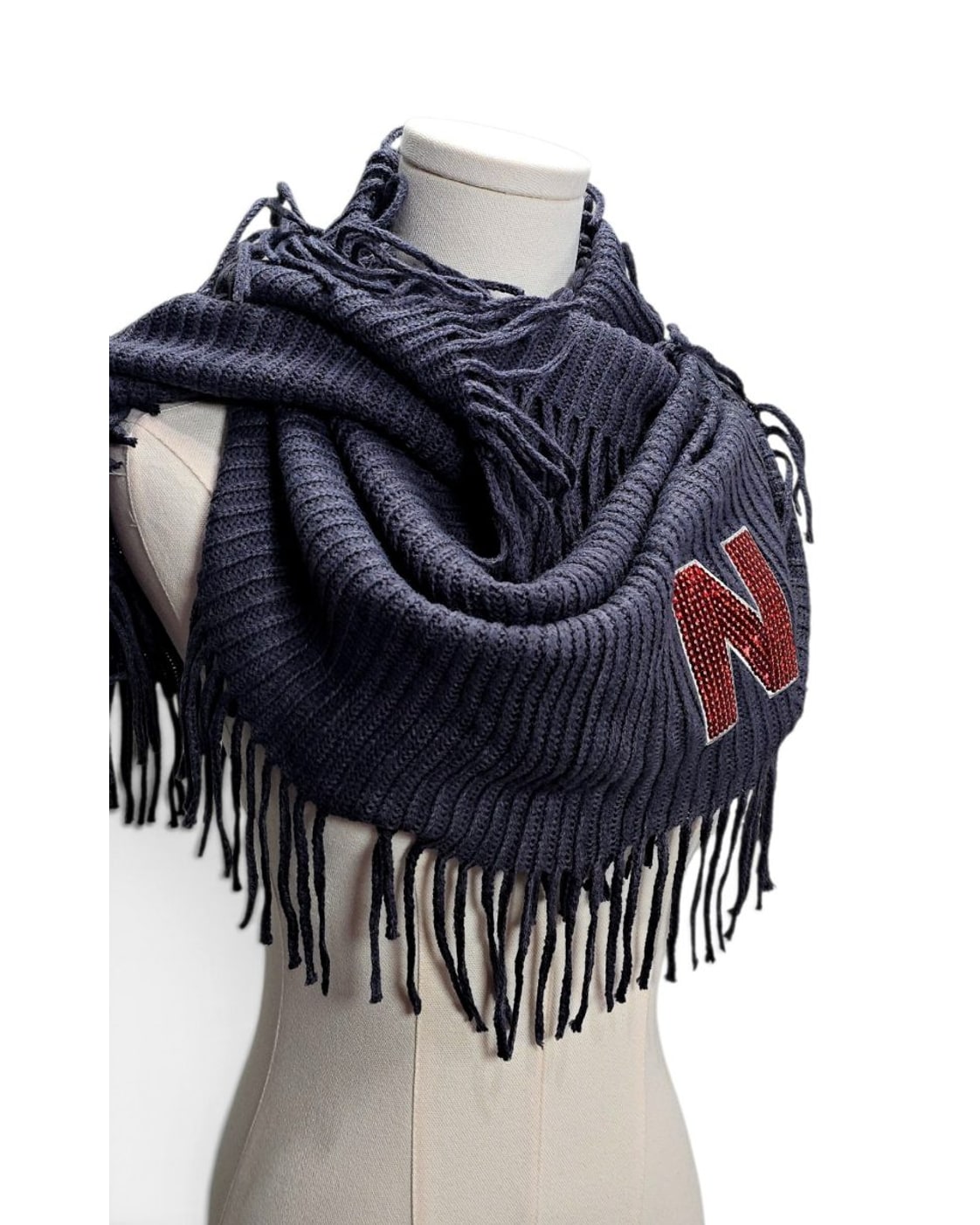 Navy THE CURATED PEARL Nebraska Rhinestone N Fringed Scarf