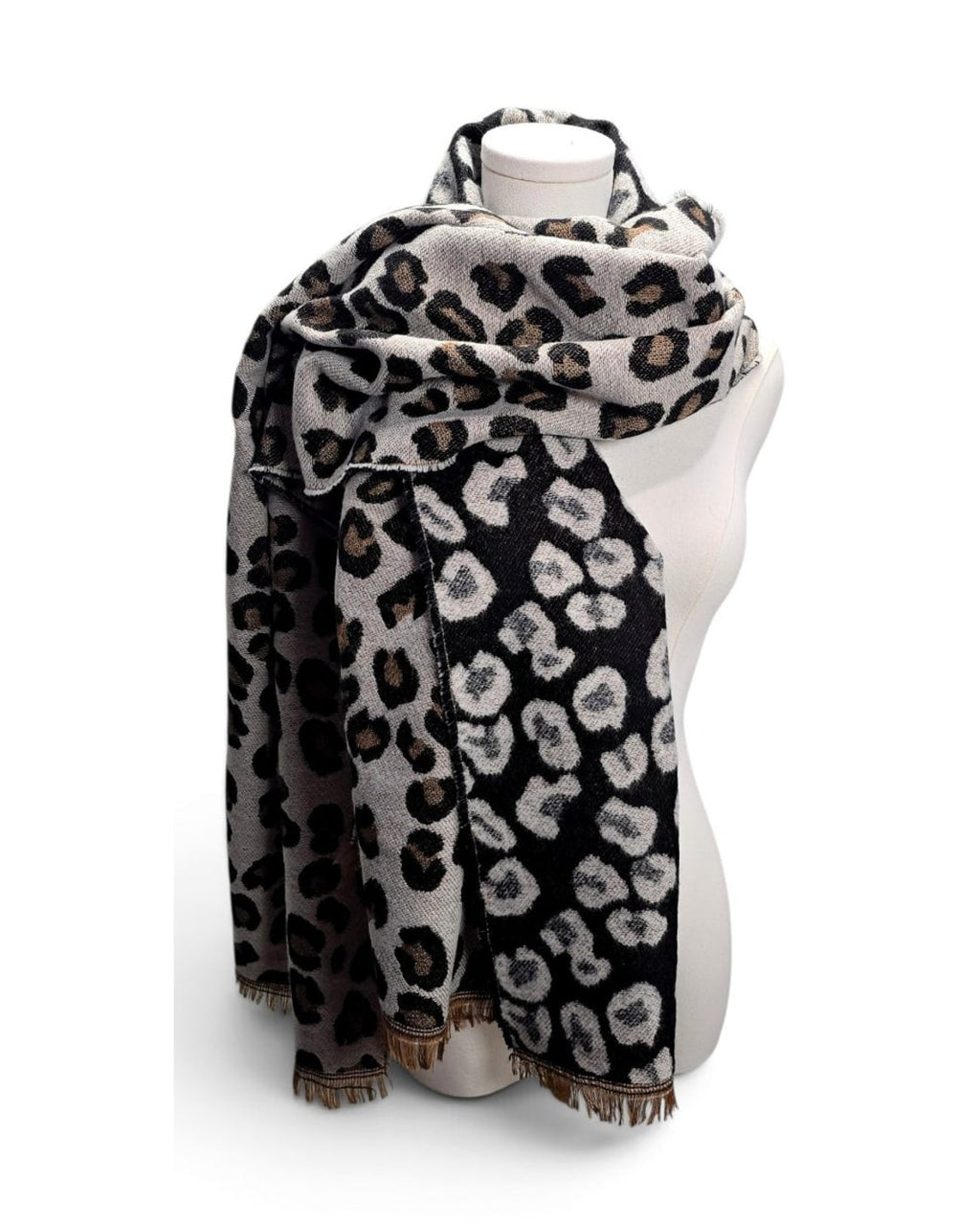 Reversible Leopard Print Fringed Scarf