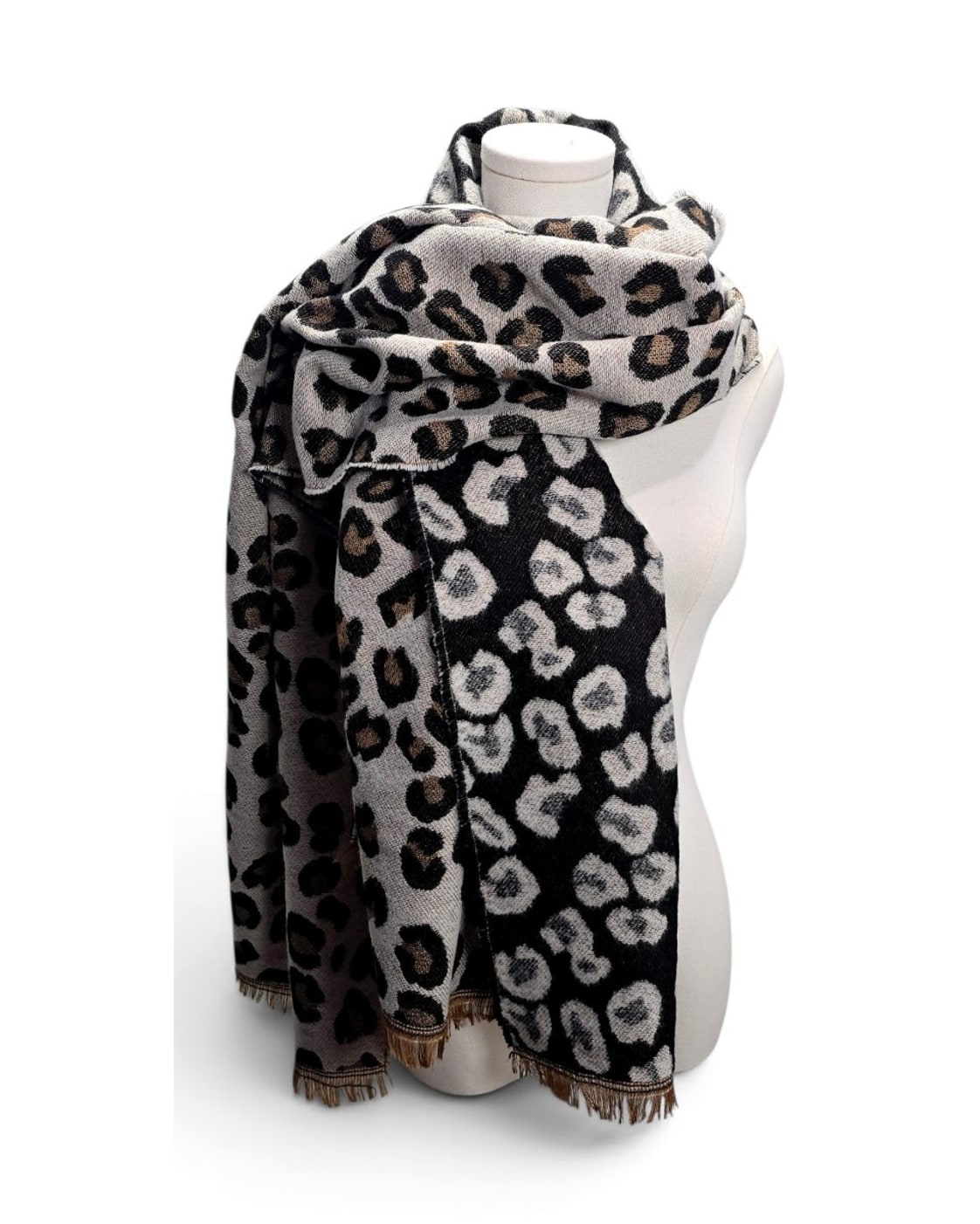 Reversible Leopard Print Fringed Scarf