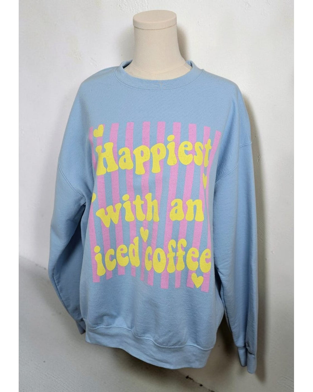GILDAN Happiest With An Iced Coffee Graphic Crewneck Sweatshirt