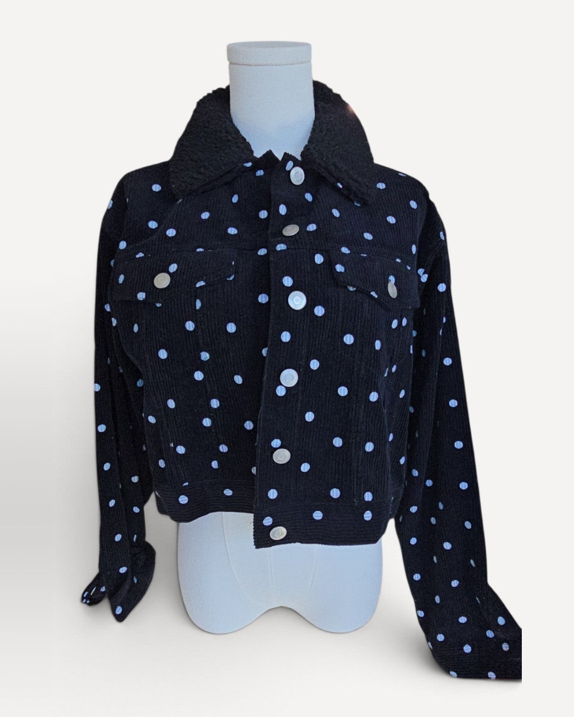 White Fika The Brand Polka-Dot Corduroy Sherpa-Collar Jacket, size S