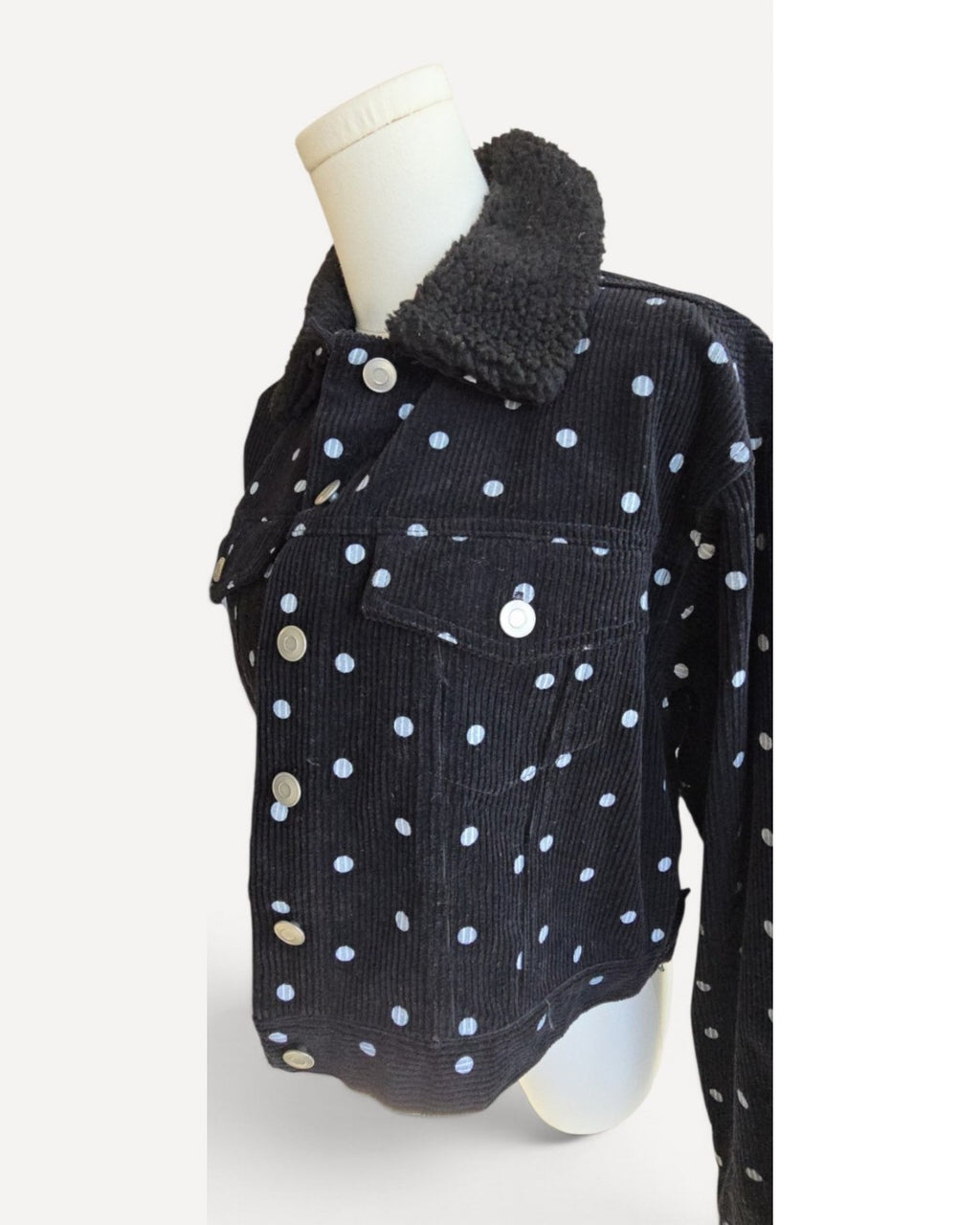 White Fika The Brand Polka-Dot Corduroy Sherpa-Collar Jacket, size S – photo 2