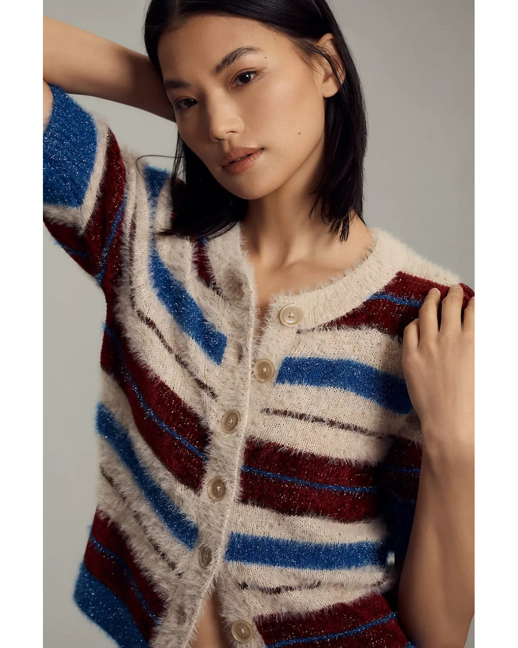 maeve Striped Fuzzy Short-Sleeve Cardigan