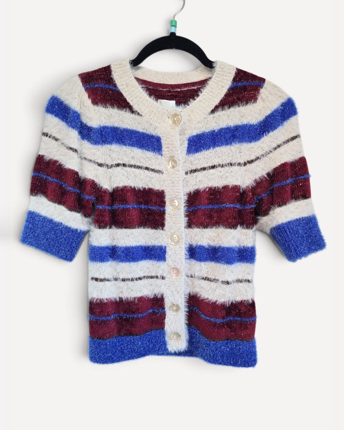 Blue Maeve Striped Fuzzy Short-Sleeve Cardigan, size S