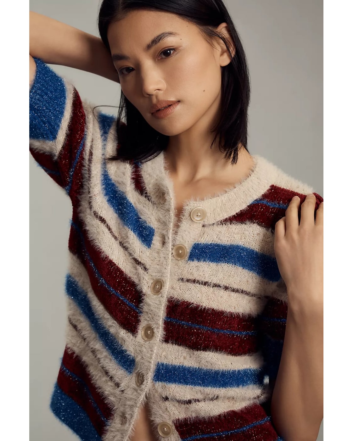 Blue Maeve Striped Fuzzy Short-Sleeve Cardigan, size S – photo 2