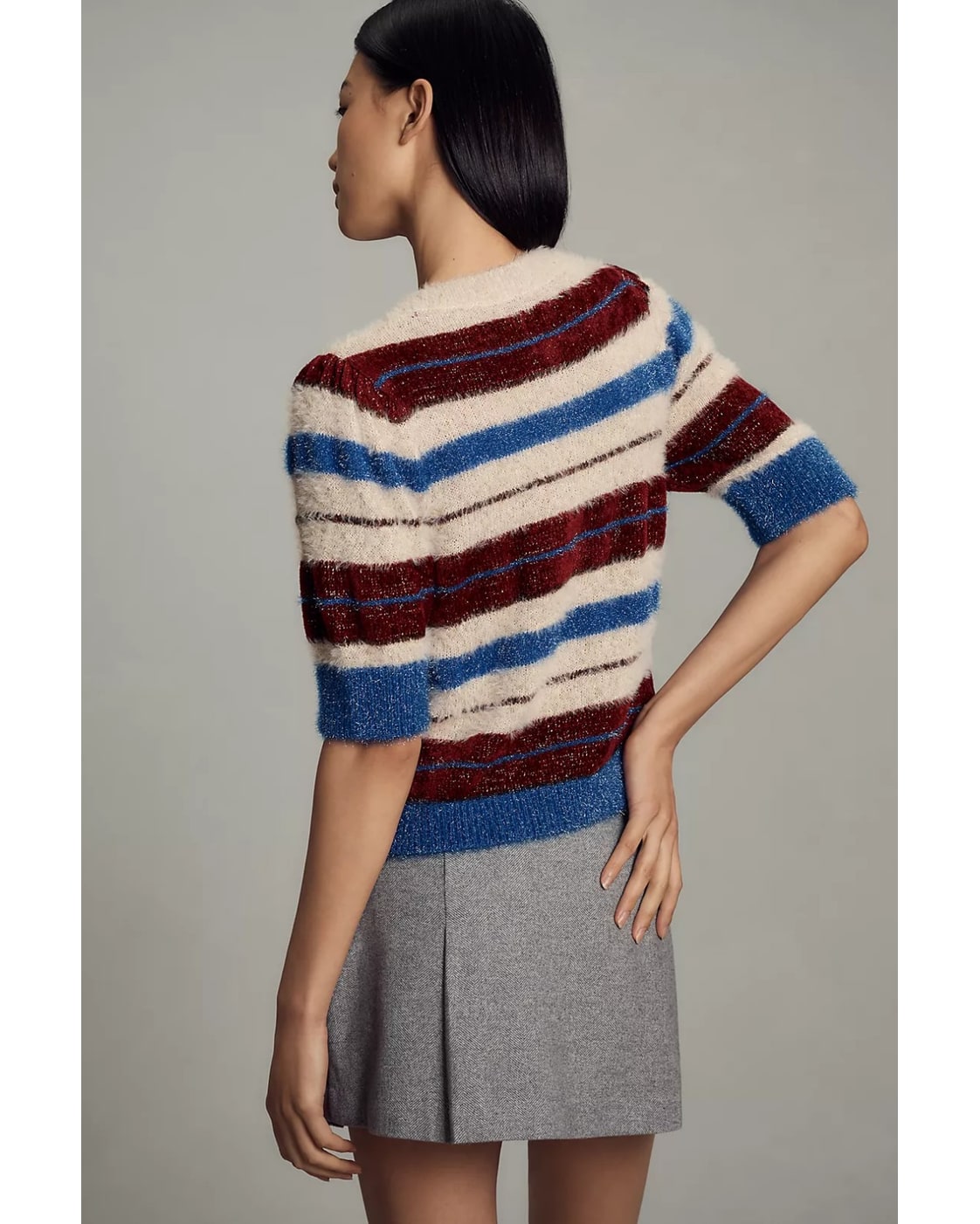 Blue Maeve Striped Fuzzy Short-Sleeve Cardigan, size S – photo 3