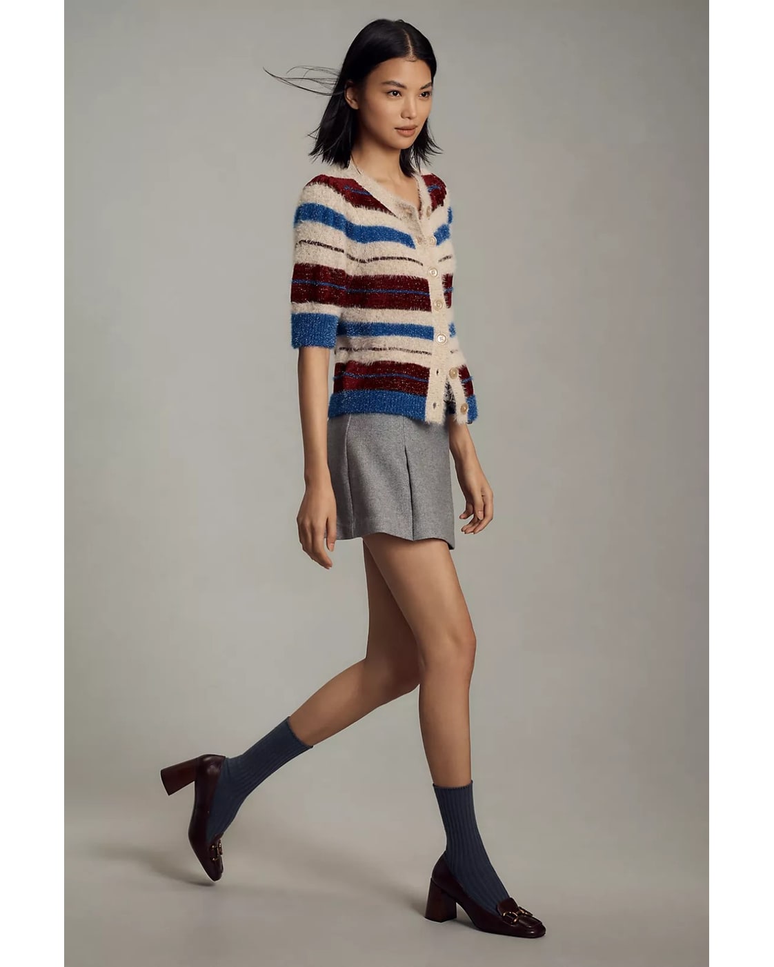 Blue Maeve Striped Fuzzy Short-Sleeve Cardigan, size S – photo 4