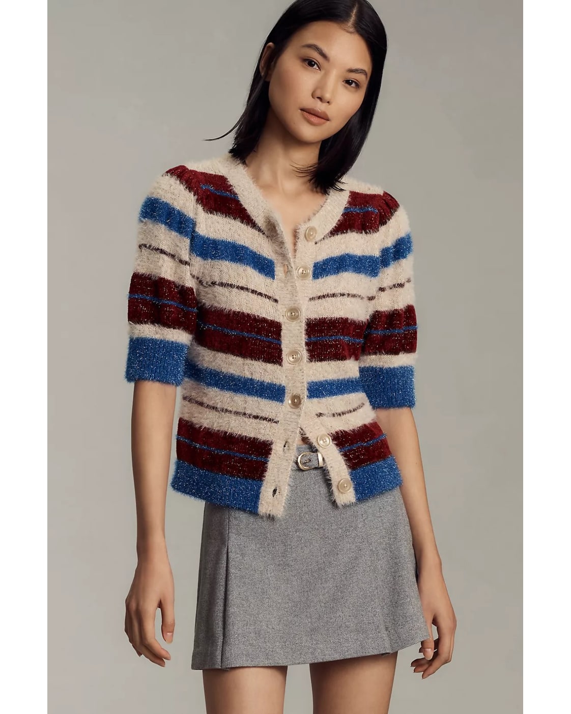 maeve Striped Fuzzy Short-Sleeve Cardigan
