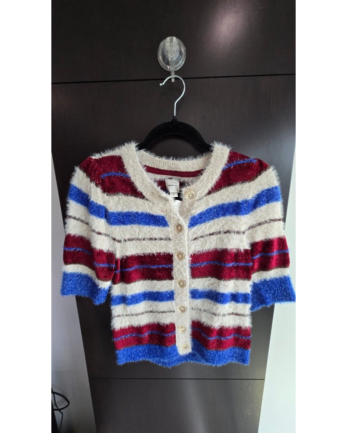 maeve Striped Fuzzy Short-Sleeve Cardigan