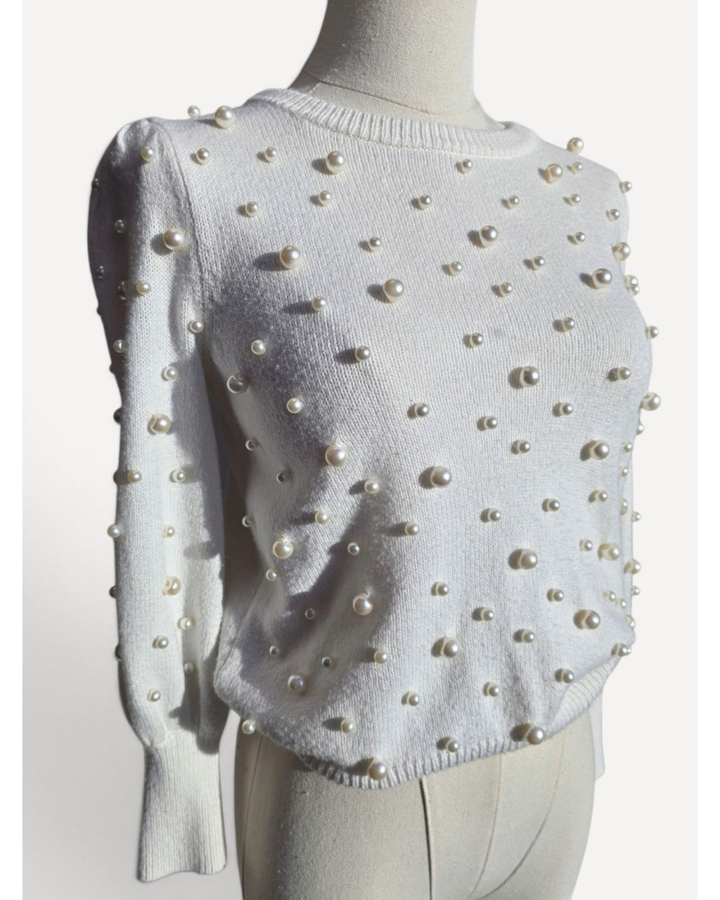 Beige Lily Pulitzer Pearl-Embellished Puff-Sleeve Sweater, size XS