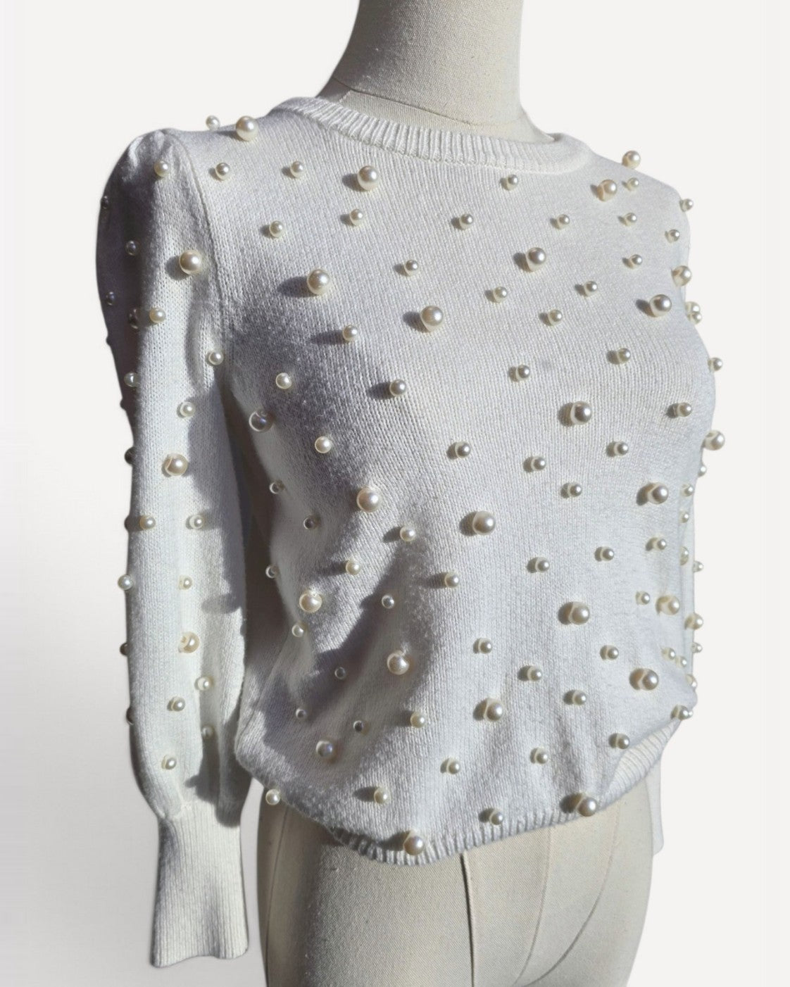 Beige Lily Pulitzer Pearl-Embellished Puff-Sleeve Sweater, size XS