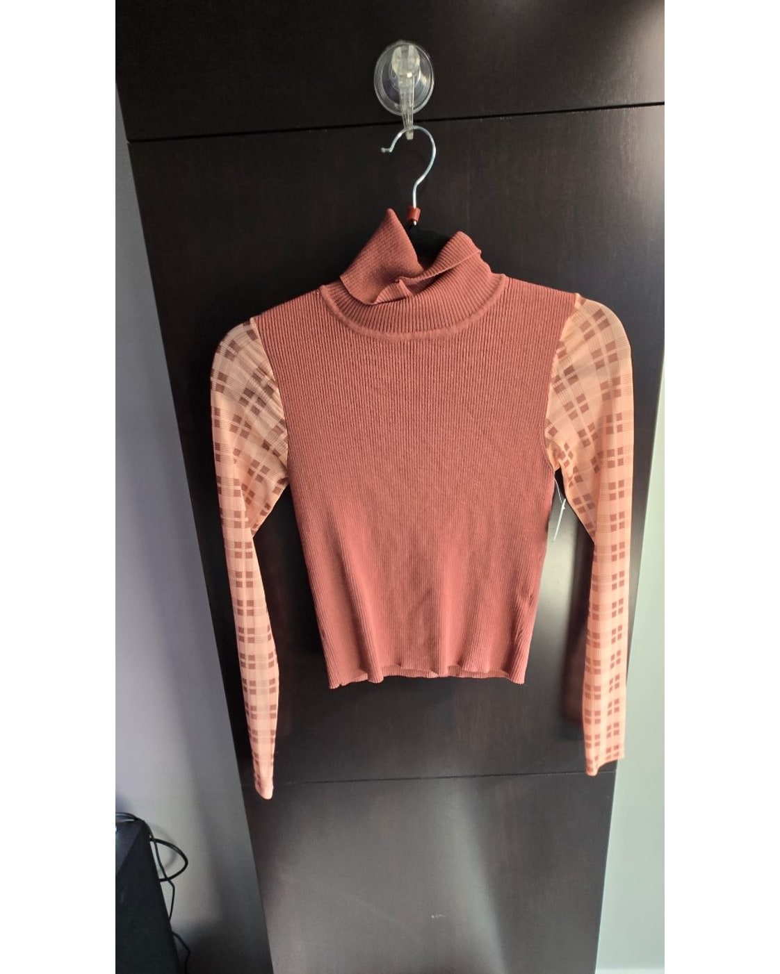 ZARA Sheer Plaid-Sleeve Cropped Turtleneck