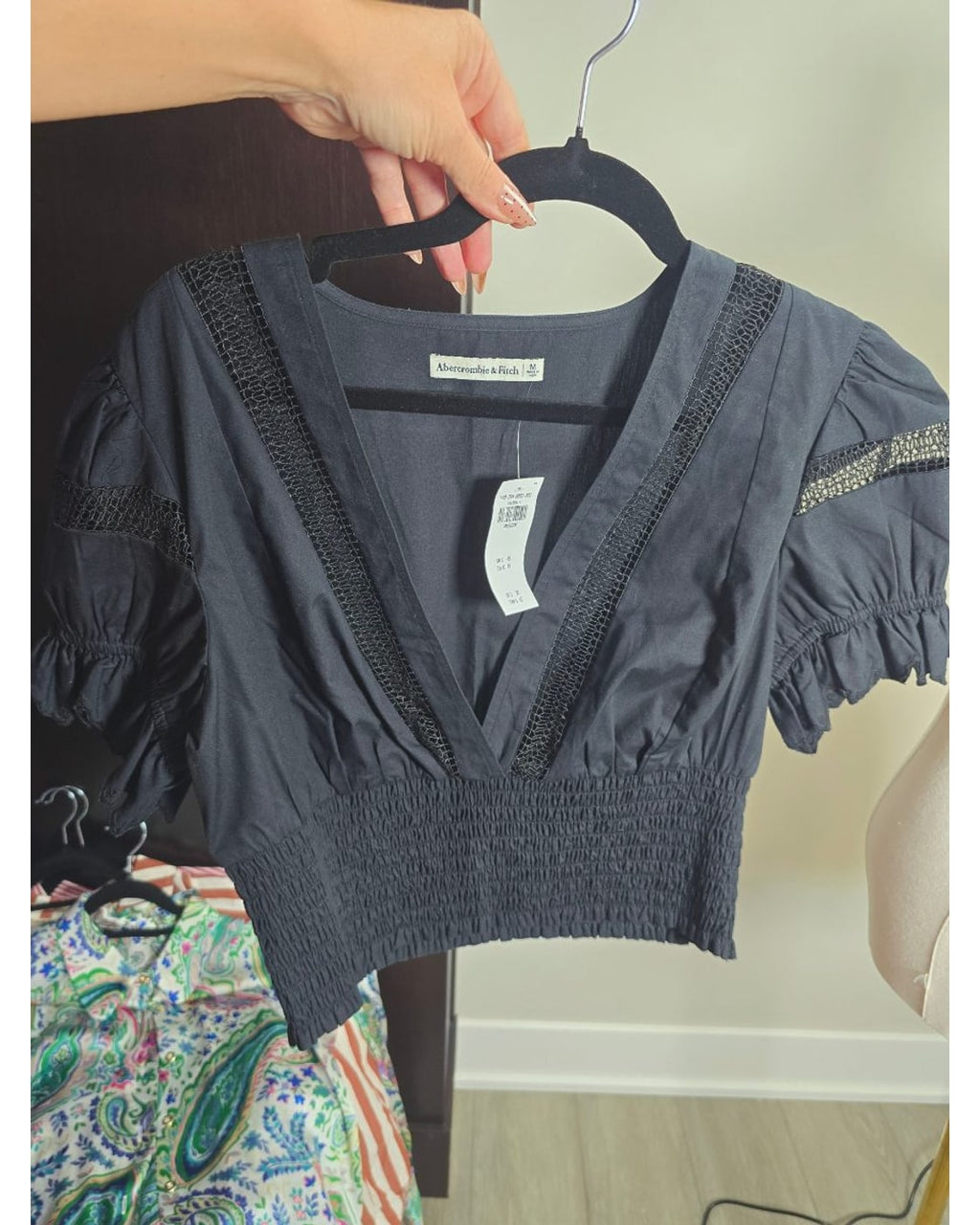 Abercrombie & Fitch Cropped Lace-Trim Smocked Blouse - Style# 140-294-0002-900 - NWT