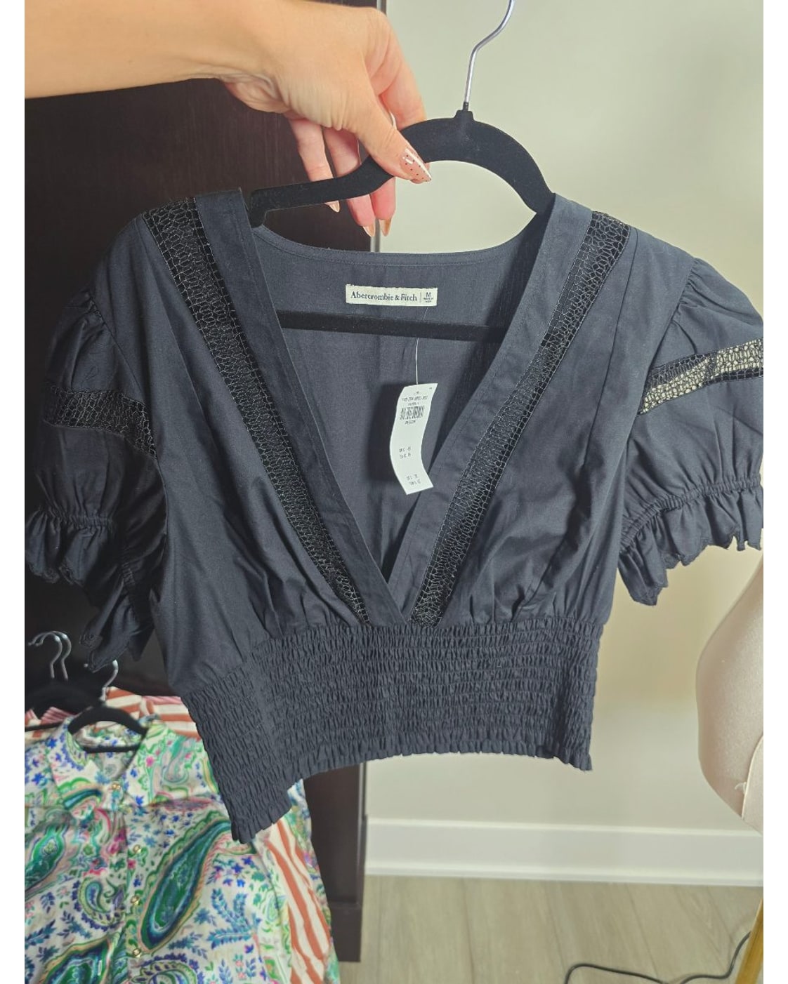 Abercrombie & Fitch Cropped Lace-Trim Smocked Blouse - Style# 140-294-0002-900 - NWT